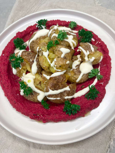 smash potatis med bönröra